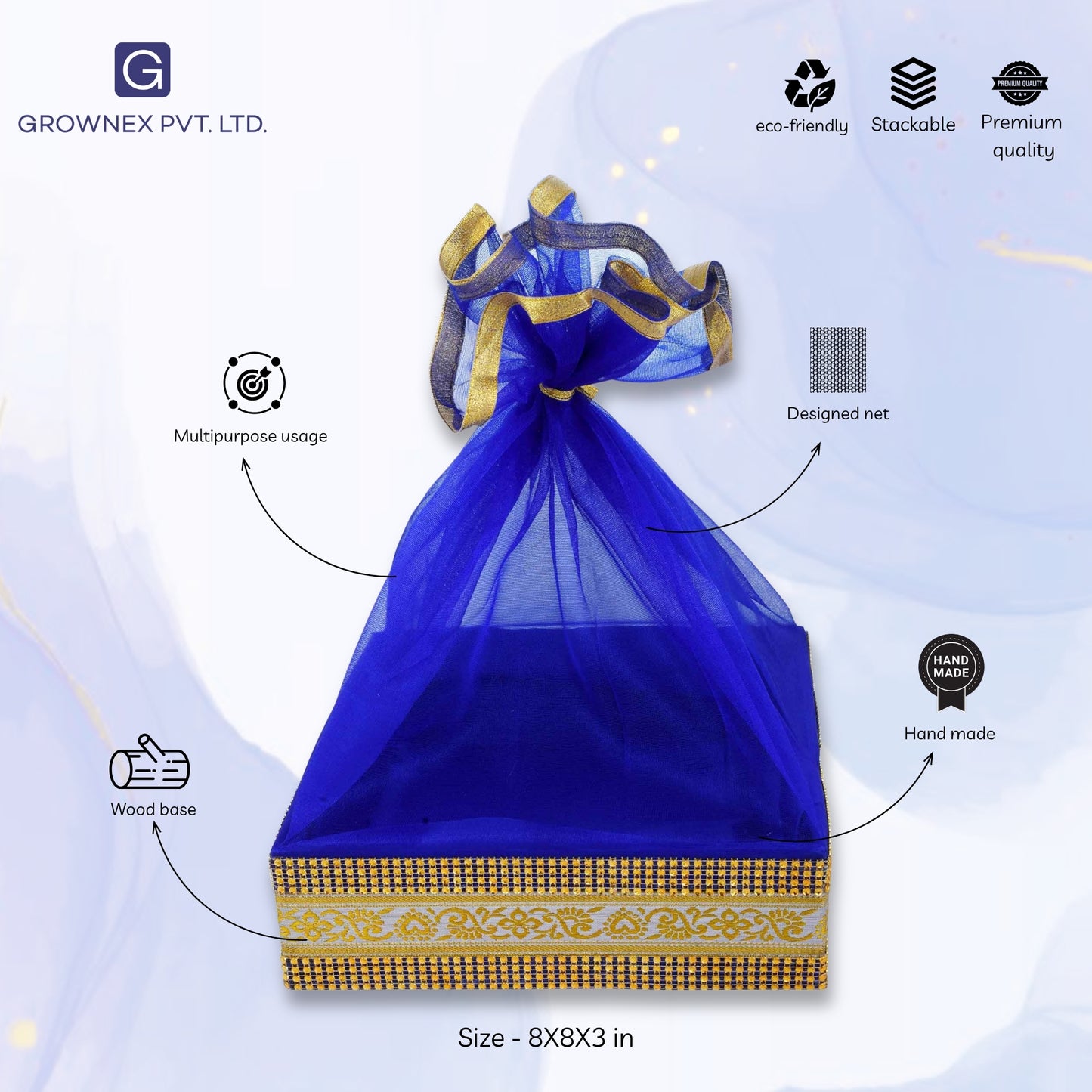 Royal Blue Color With Decorated Shinny Lace Festive Gift Hamper Basket | Grownex Packaging | Basket & Tray