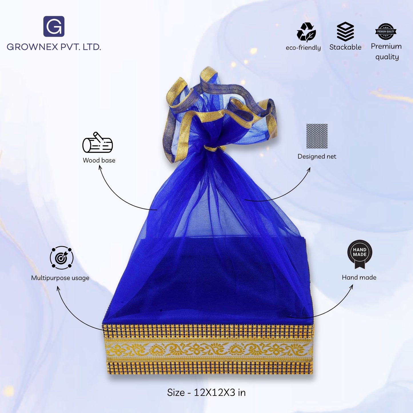 Royal Blue Color With Decorated Shinny Lace Festive Gift Hamper Basket | Grownex Packaging | Basket & Tray
