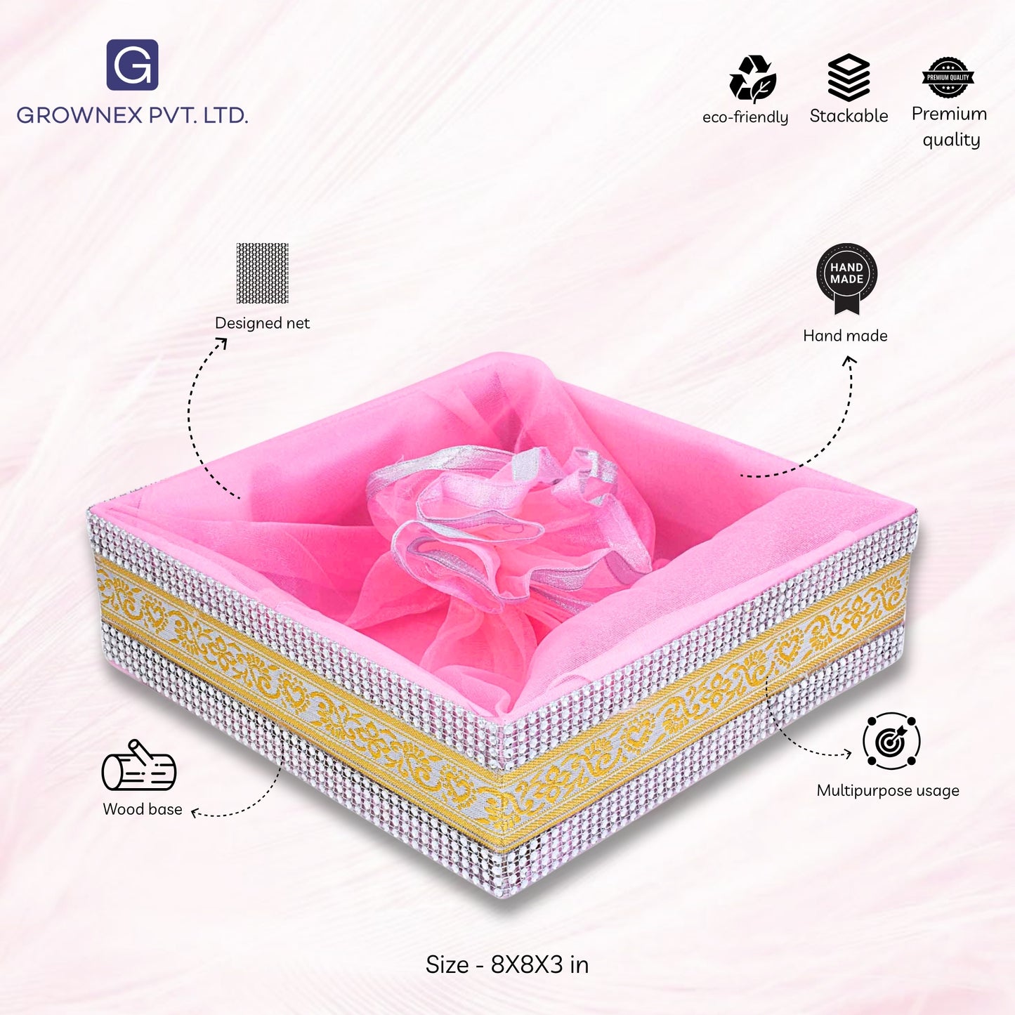 Baby Pink Decorated with Lace Gift Hamper Basket | Grownex Packaging | Basket & Tray