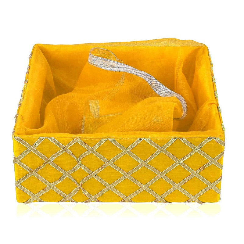 Traditional Fabric Square Lace Yellow Gift Hamper Basket For Festivals | Grownex Packaging | Basket & Tray