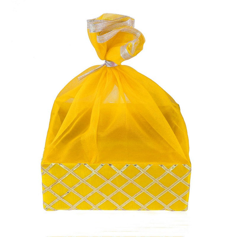 Traditional Fabric Square Lace Yellow Gift Hamper Basket For Festivals | Grownex Packaging | Basket & Tray