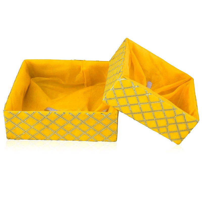 Traditional Fabric Square Lace Yellow Gift Hamper Basket For Festivals | Grownex Packaging | Basket & Tray