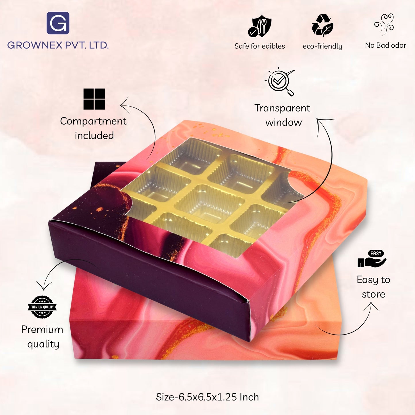 9 Cavity Folding Chocolates Packing Box - Red Marble | Grownex Packaging | Chocolate Box