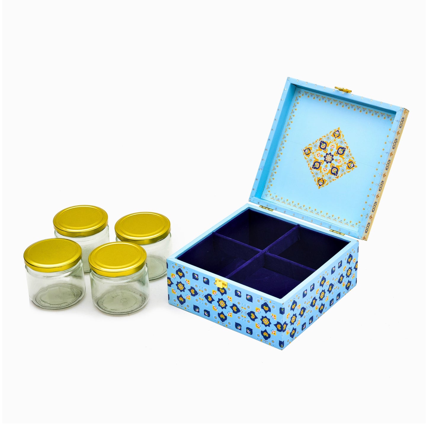 Luxury Diwali Gift Box with 4 Glass Jars – Decorative Dry Fruit/Sweets Storage Box with Elegant Floral Design | Grownex Packaging | wooden box