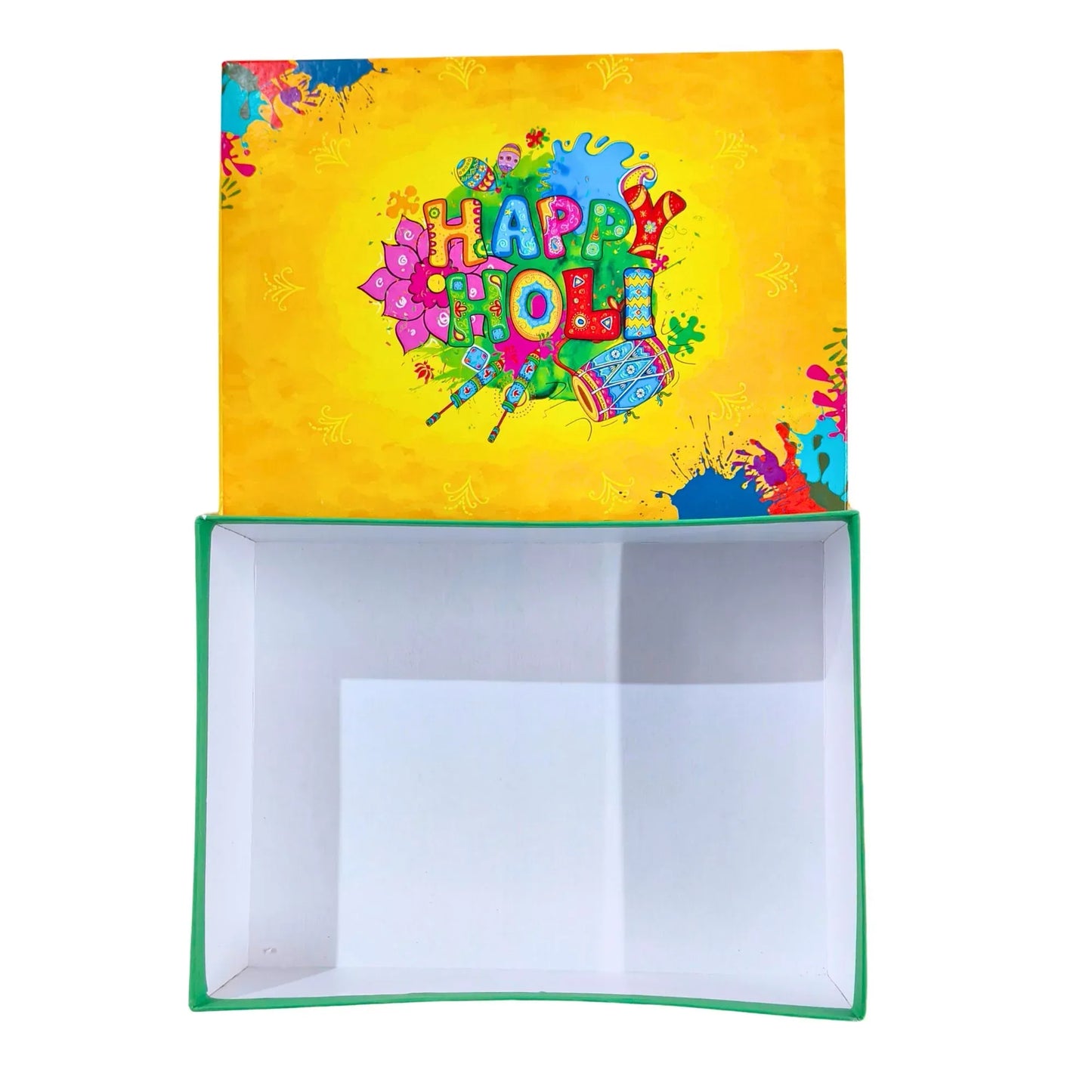 Holi Print Hamper Box 23.6 × 17.8 × 7.62 cm – Yellow | Food Safe Kappa Board Gift Box for Festive Gifting | Grownex Packaging | Hamper Box