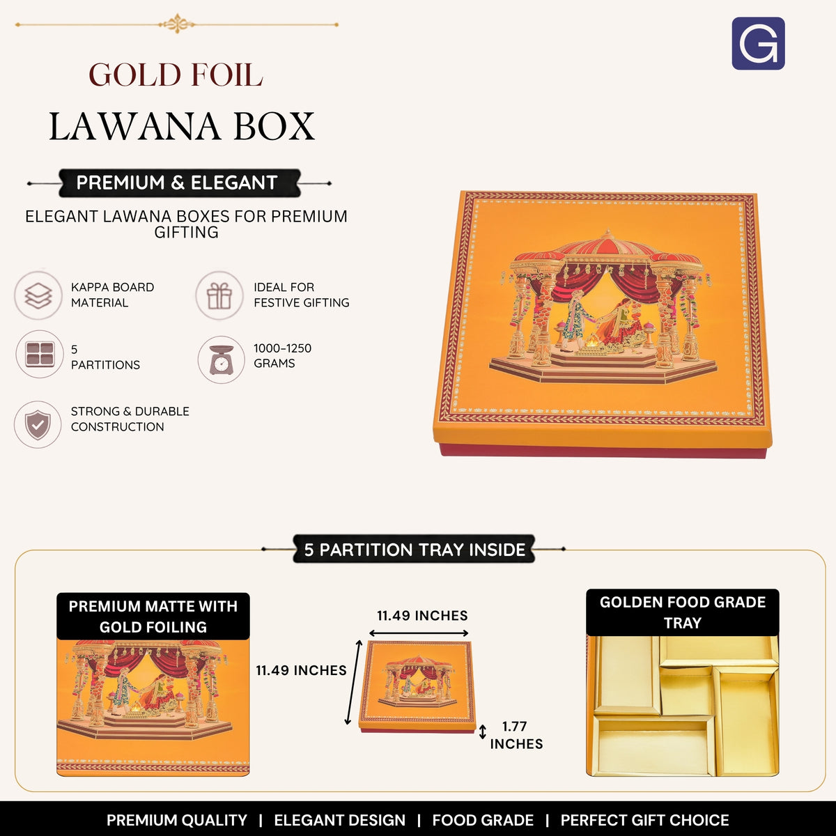 Gold Foil Lawana 5 Partitions Lawana Box - Side View