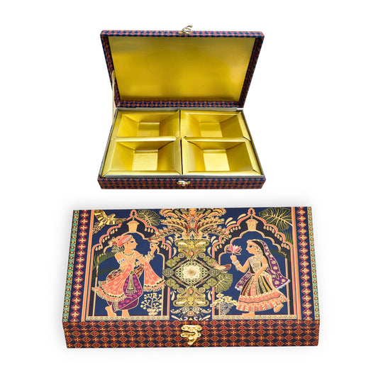 Radha Krishna Print Wooden Dry Fruit Gift Box - 4 Compartments | Grownex Packaging | wooden box