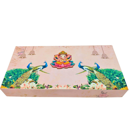 Pink Ganpati 4 Line Gift Box with Peacock Design – Festive Elegance | Grownex Packaging | Sweet Box