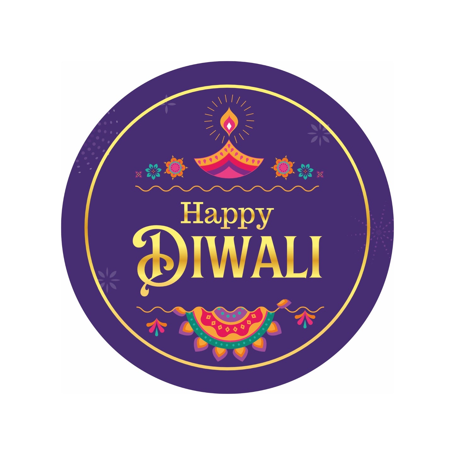 Happy Diwali Sticker – Golden Diya & Festive Motifs (Purple) | Grownex Packaging | Tags & Stickers