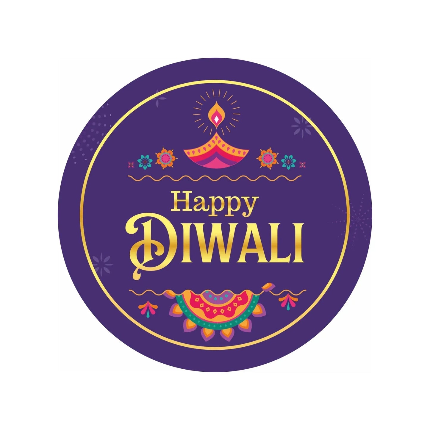 Happy Diwali Sticker – Golden Diya & Festive Motifs (Purple) | Grownex Packaging | Tags & Stickers