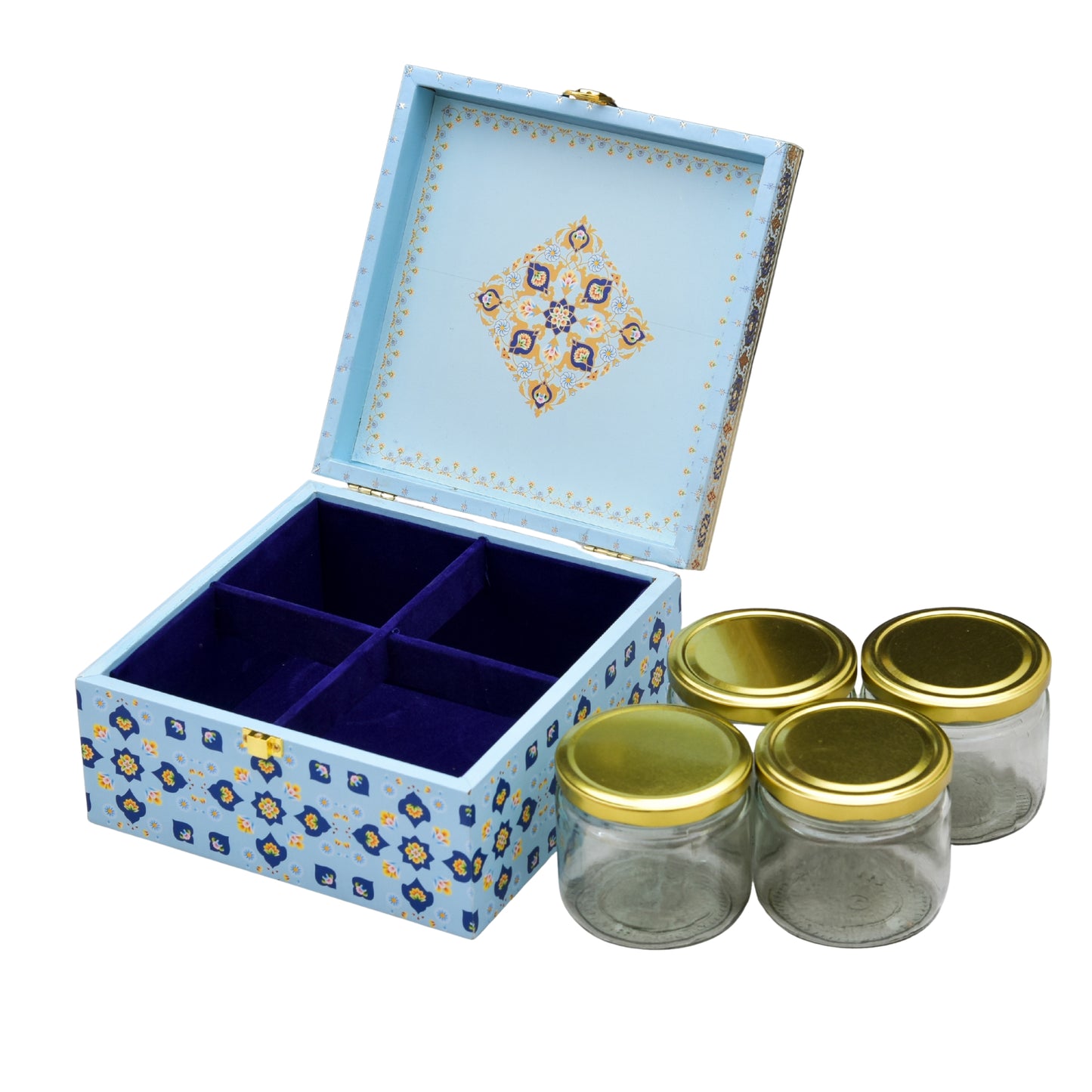 Luxury Diwali Gift Box with 4 Glass Jars – Decorative Dry Fruit/Sweets Storage Box with Elegant Floral Design | Grownex Packaging | wooden box