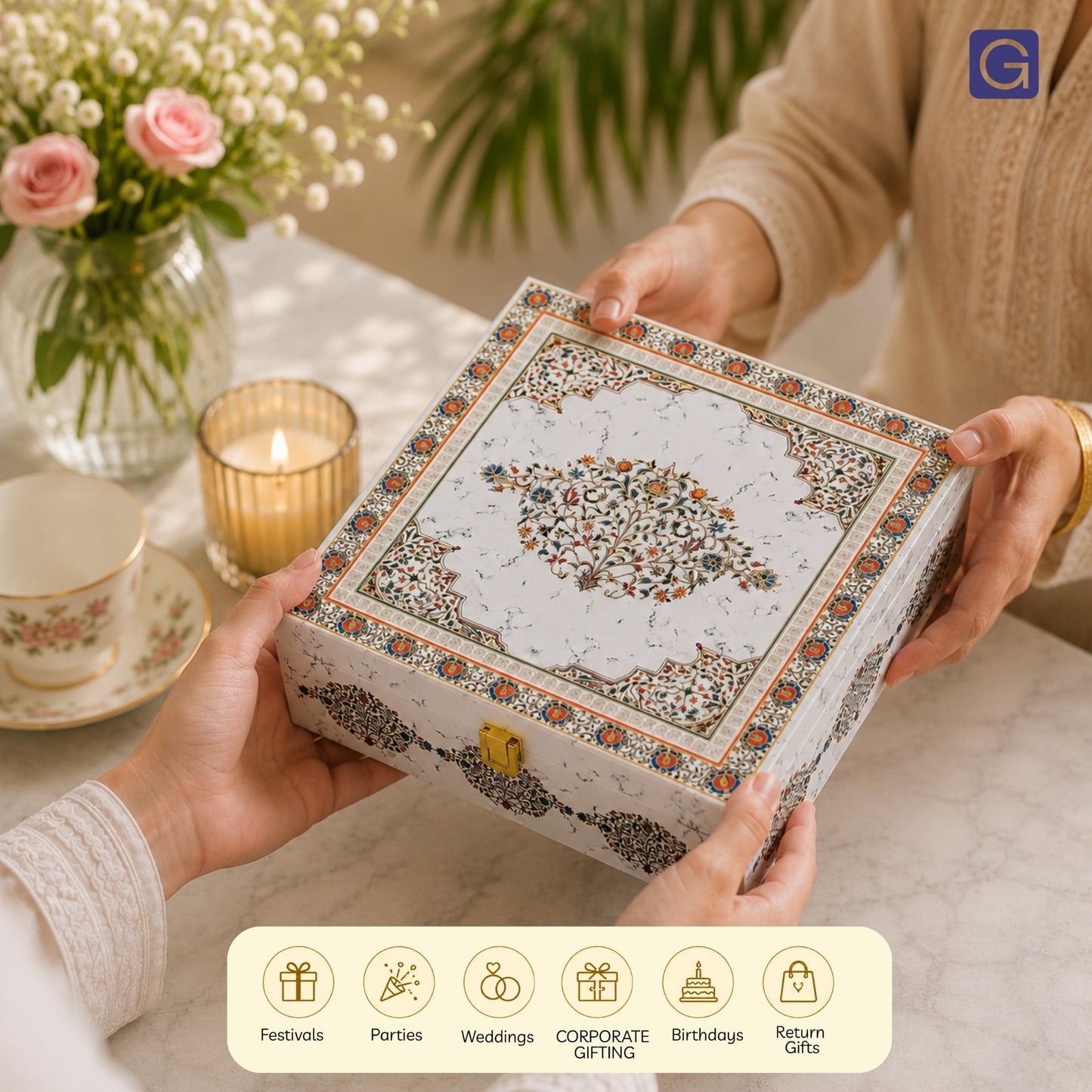 White marble wooden hamper box gifting presentation