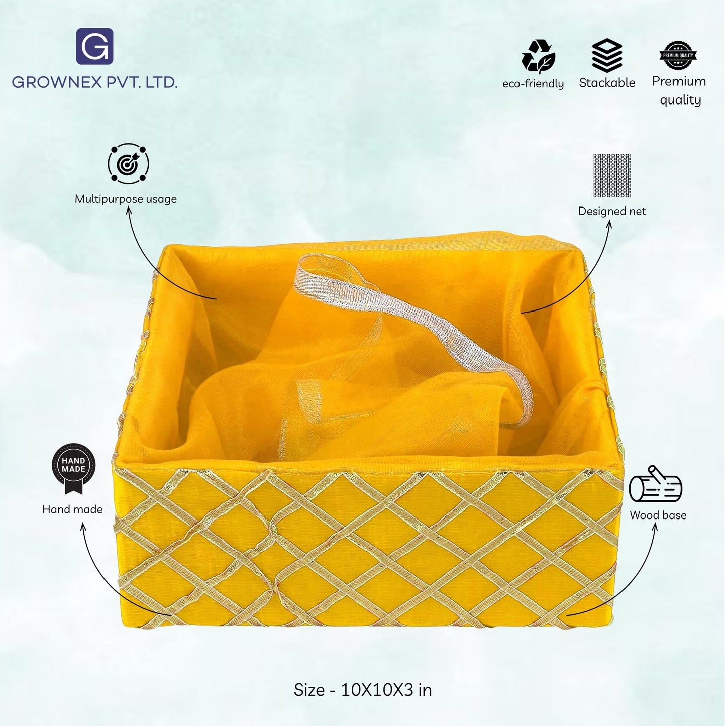 Traditional Fabric Square Lace Yellow Gift Hamper Basket For Festivals | Grownex Packaging | Basket & Tray