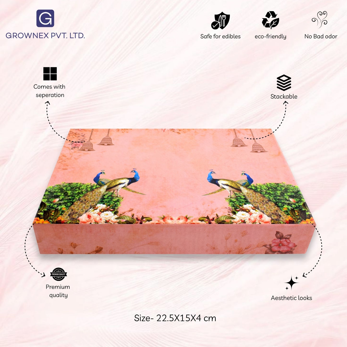 500 gm Pink Peacock 4 Line Premium Sweet Box | Grownex Packaging | Sweet Box