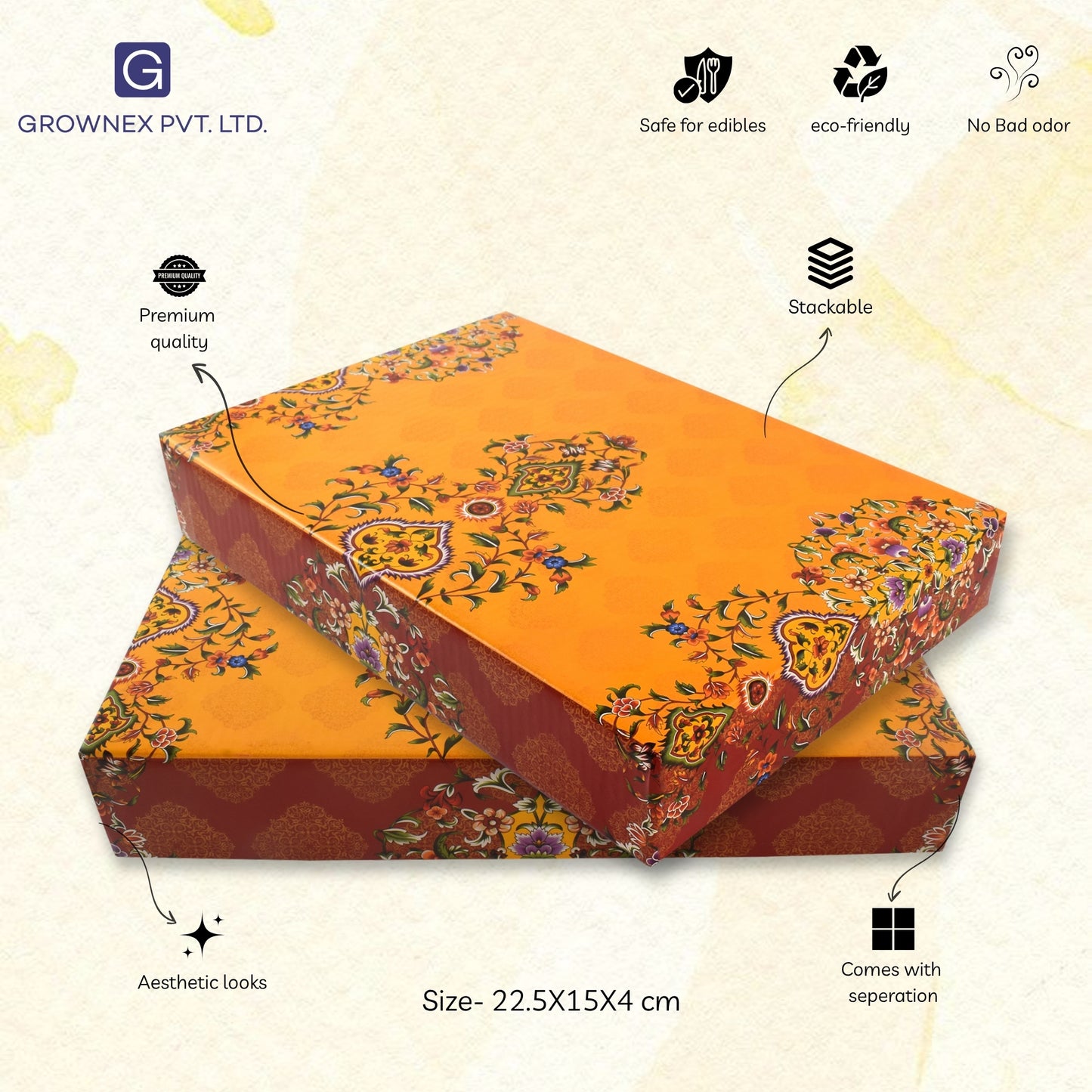 500 gm Yellow Leaf 4 Line Premium Sweet Packaging Festival Gift Box | Grownex Packaging | Sweet Box