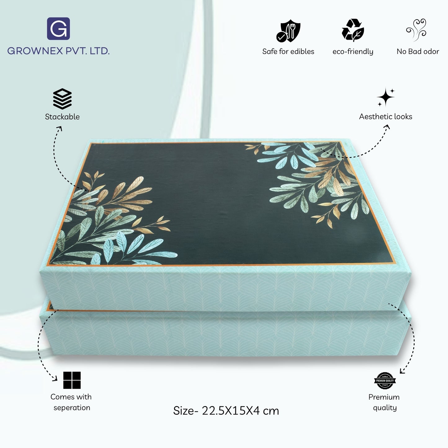 500 gm Green Leaf Design 4 Line Partition Premium Sweet Packaging Festival Gift Box | Grownex Packaging | Sweet Box