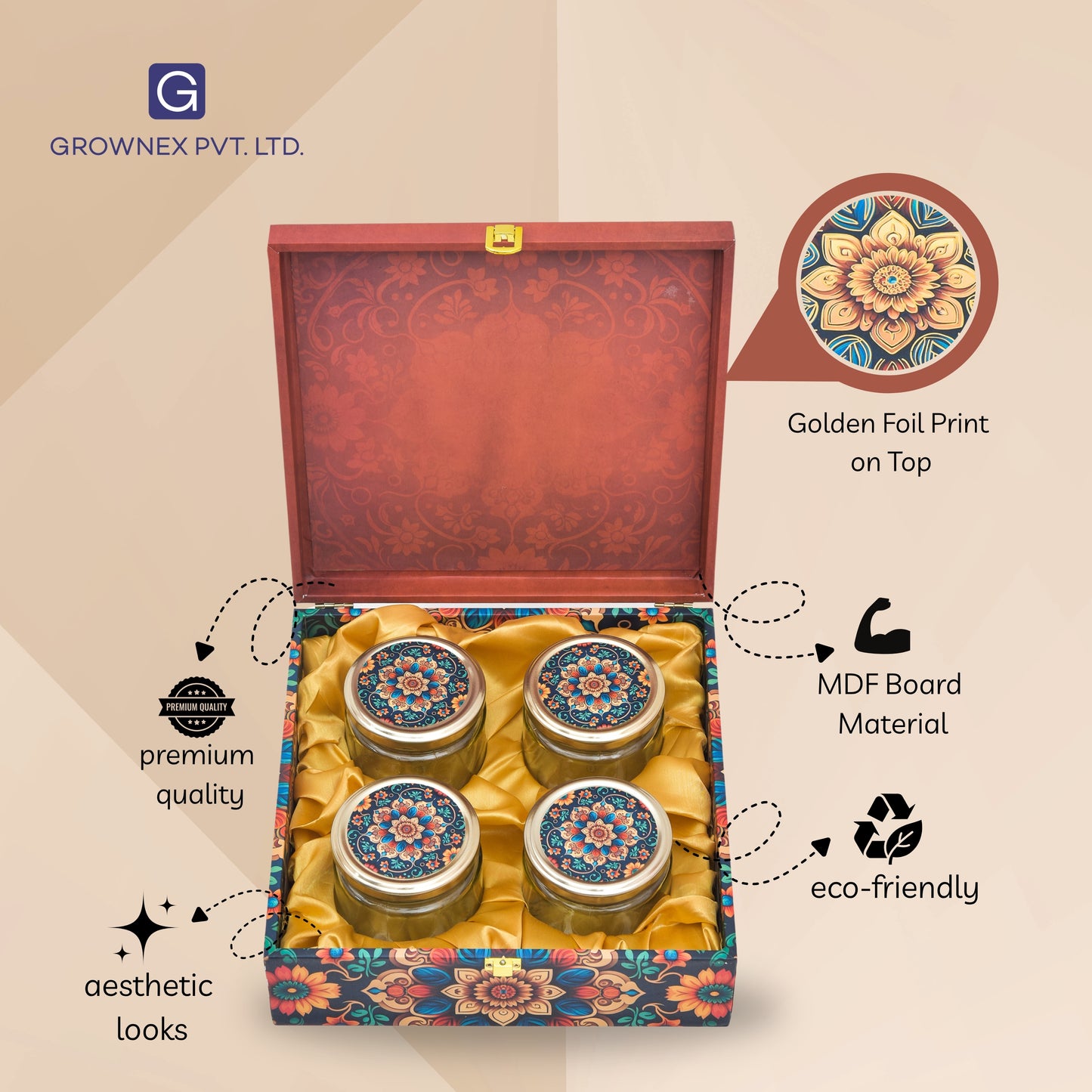 4 Jar Red Floral Foil Wooden Box | Grownex Packaging | wooden box