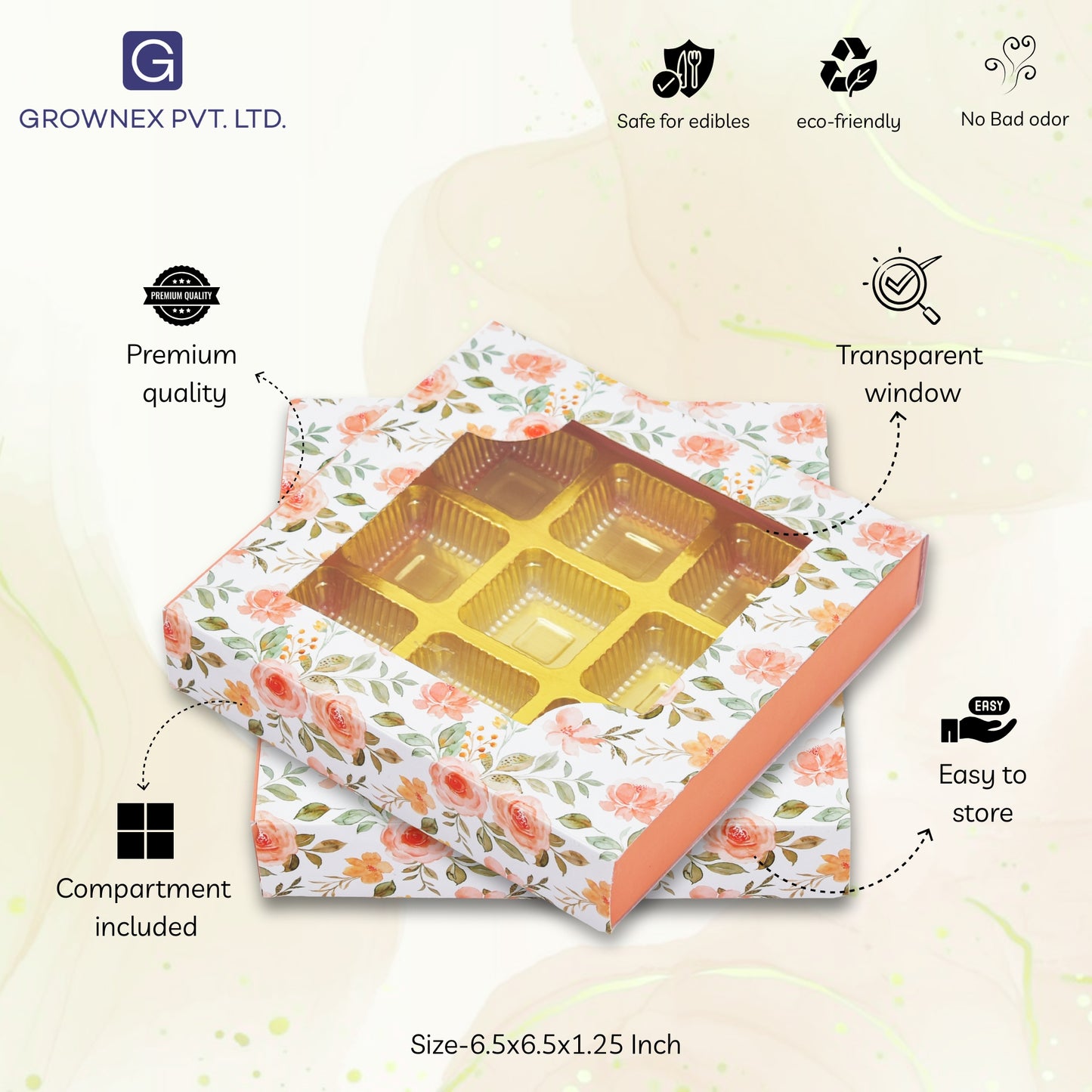 9 Cavity Folding Chocolates Packing Box - Floral White | Grownex Packaging | Chocolate Box