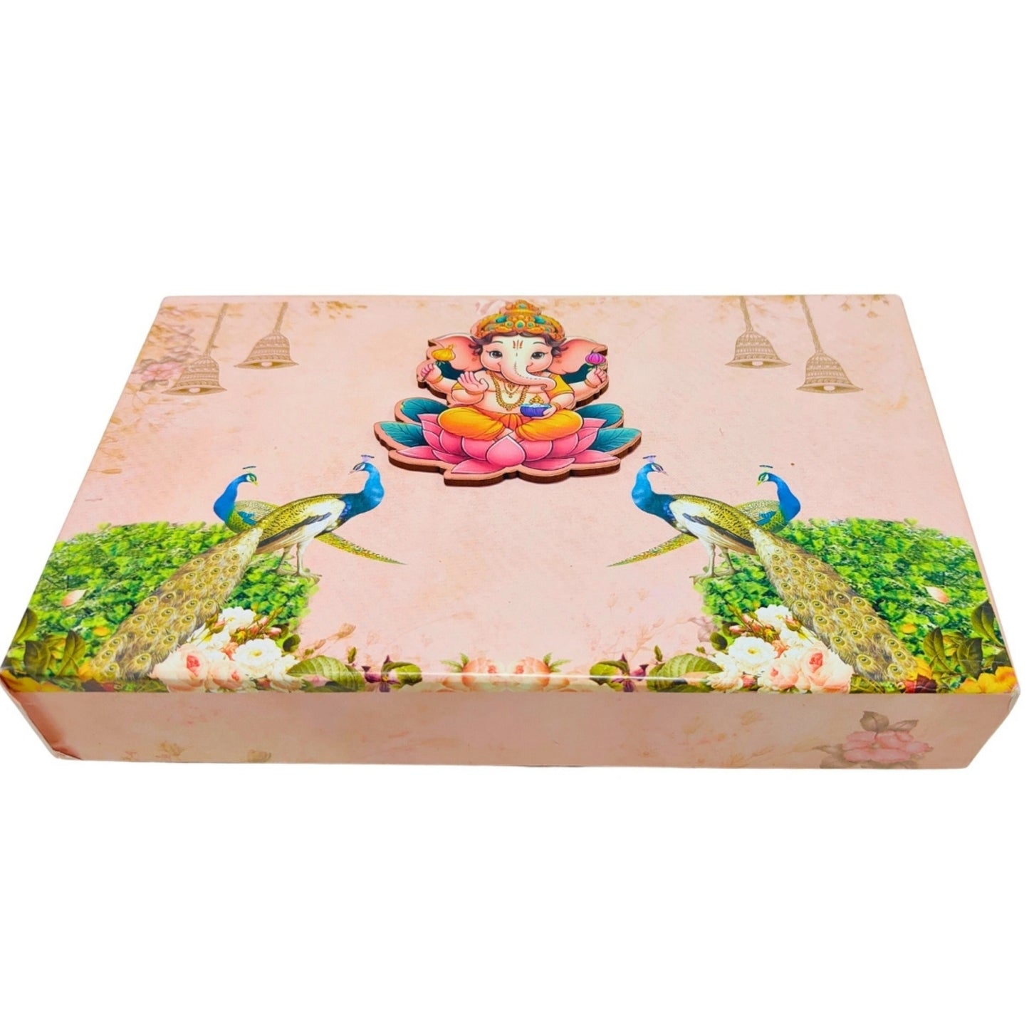 Pink Ganpati 4 Line Gift Box with Peacock Design – Festive Elegance | Grownex Packaging | Sweet Box