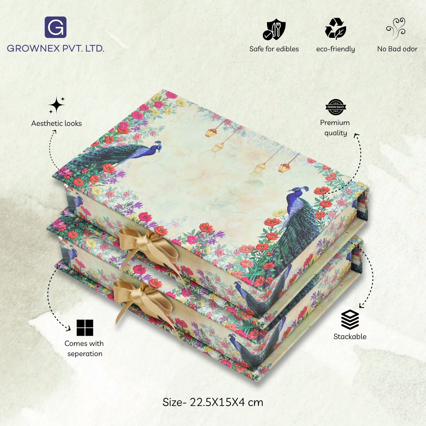 500 gm Beige Peacock 4 Line Premium File Sweet Box | Grownex Packaging | Sweet Box