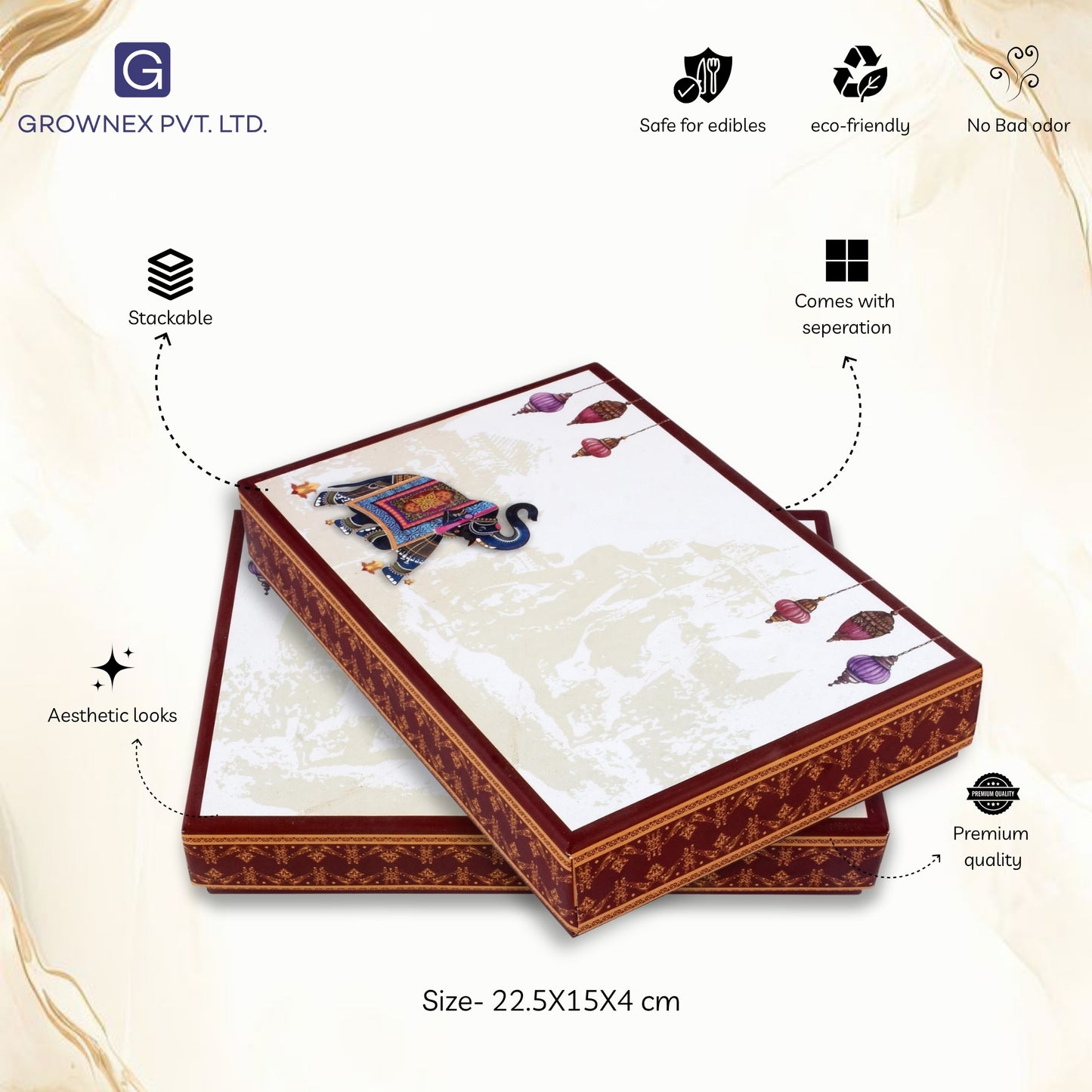 500 gm Brown Elephant 4 Line Print Premium Sweet Box | Grownex Packaging | Sweet Box