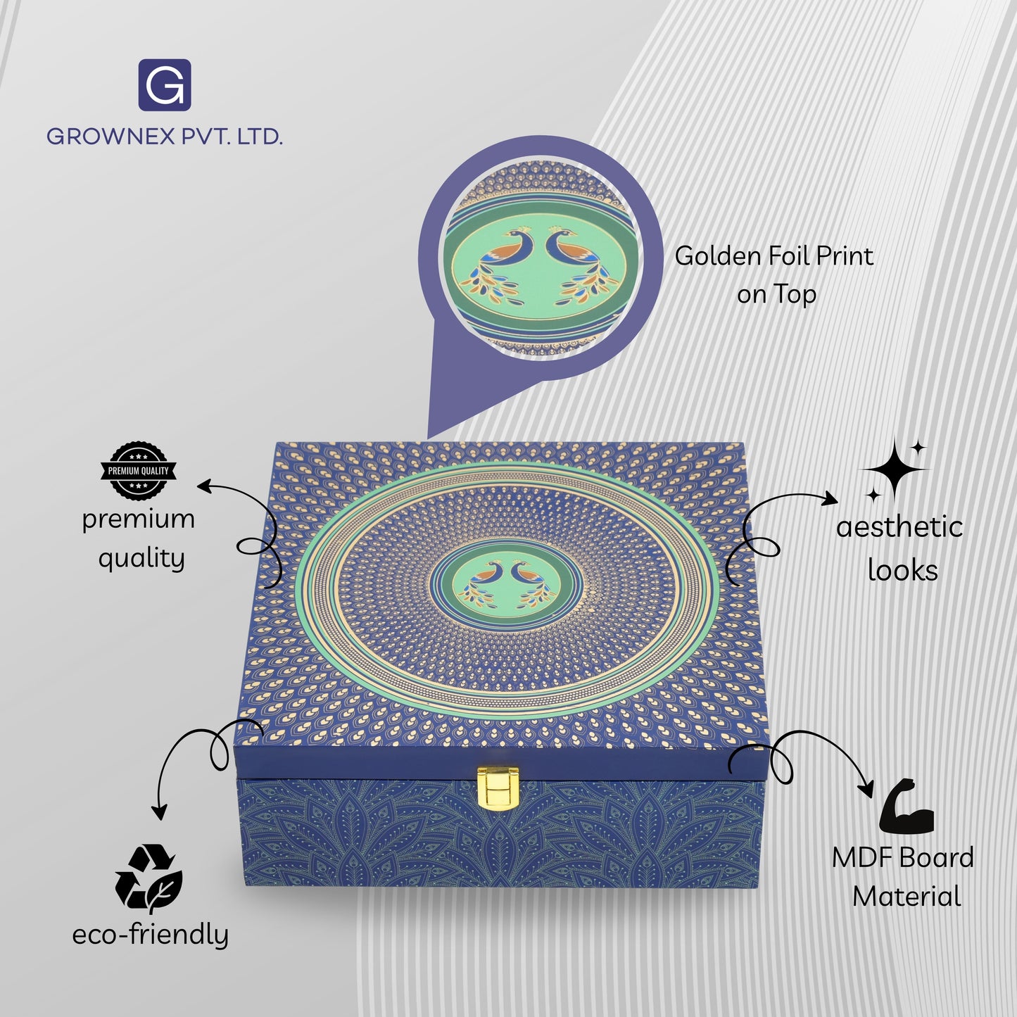 4 Jar Blue Peacock Print Wooden Gift Hamper Box | Grownex Packaging | wooden box