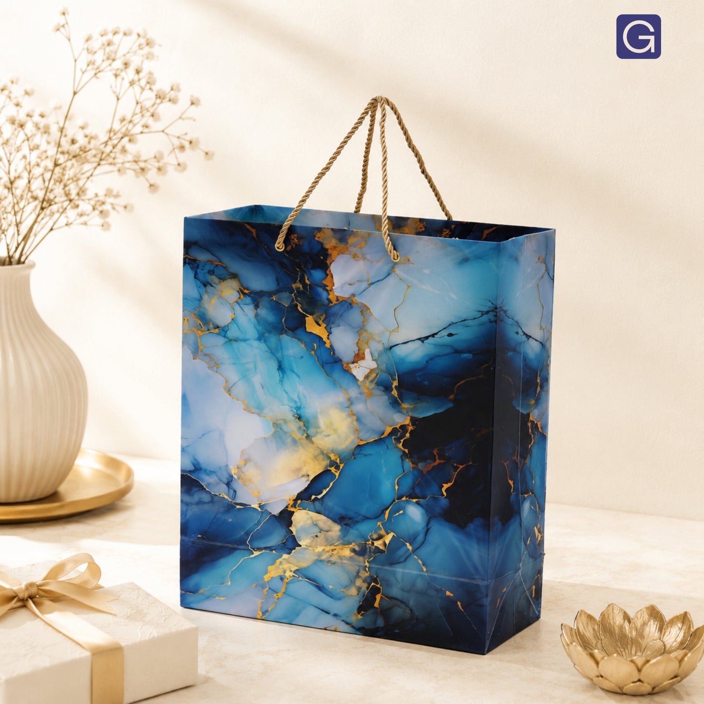 Blue Marble Print Paper Gift Bag with Handle 11.5 x 4.5 x 13.5 Inch for Hampers & Gifting