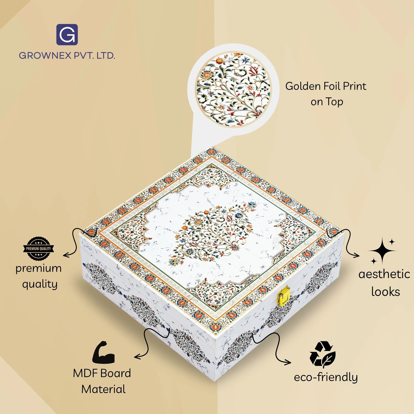 Luxury Marble print For Festival Gifting with 4 Jar Wooden Box | Grownex Packaging | wooden box