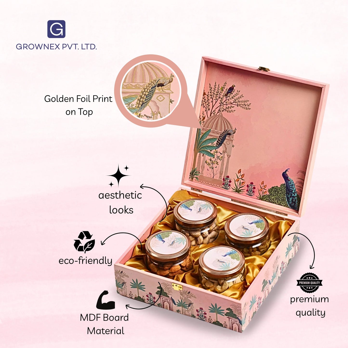 4 Jar Pink Wooden Box – Premium Decorative Gift Packaging | Grownex Packaging | wooden box