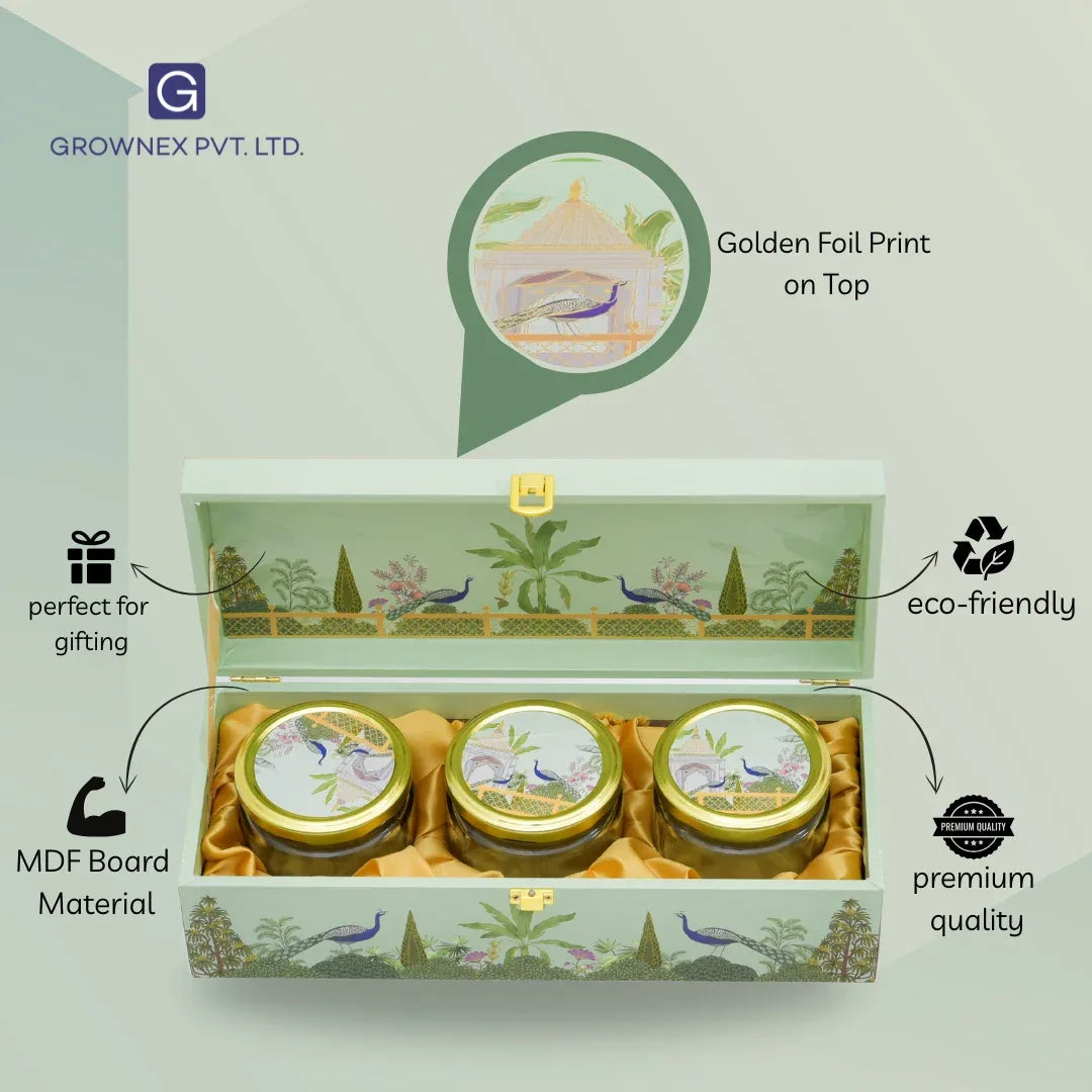 Luxury Shubh Diwali Peacock Wooden Gift Box – 3 Jar Dry Fruit & Sweet Hamper | Festive Gifting | Grownex Packaging | wooden box