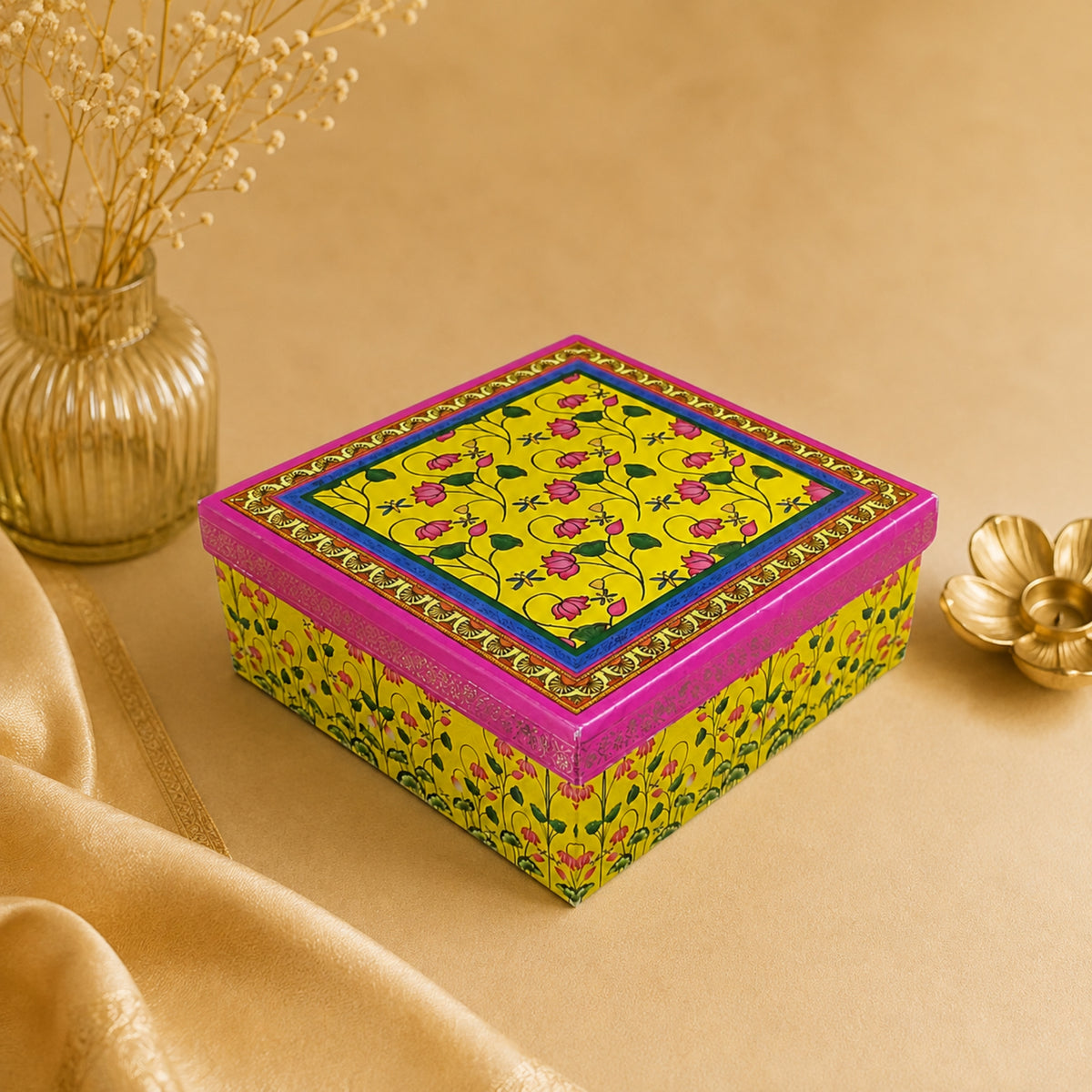 Floral Yellow Laddoo and Sweet Box 4 piece