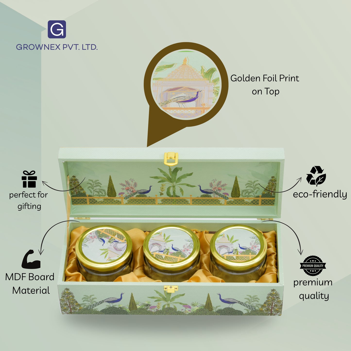 Festive Wooden Box for Dry Fruit Gifting With 3 Jar Green Garden Theme | Grownex Packaging | wooden box
