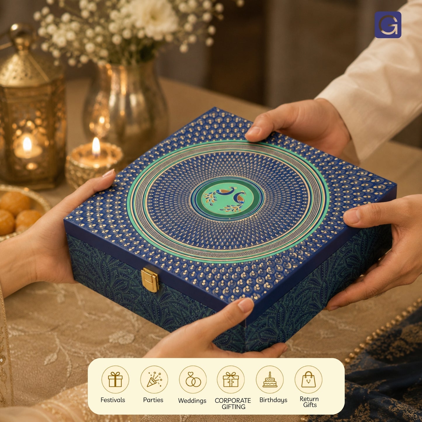 Blue Peacock Print Wooden Hamper Box with 4 Glass Jars | Premium Gift Packaging