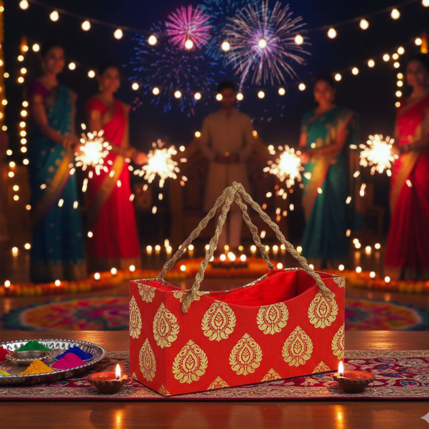 Red Designer Handle Basket – Decorative Gift & Hamper Basket | Grownex Packaging | Basket & Tray