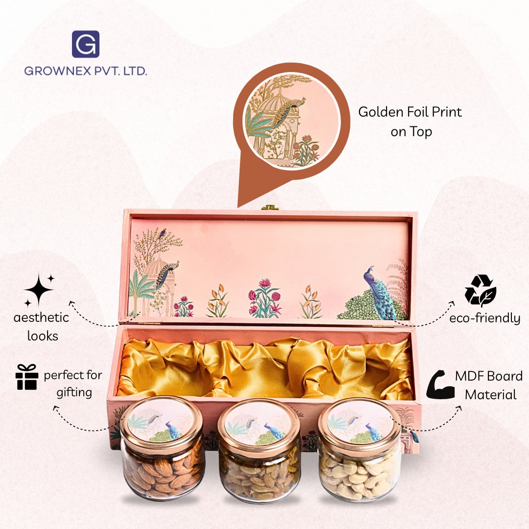 Luxury Shubh Diwali Pink Peacock Wooden Gift Box – 3 Jar Dry Fruit & Sweet Hamper | Grownex Packaging | wooden box