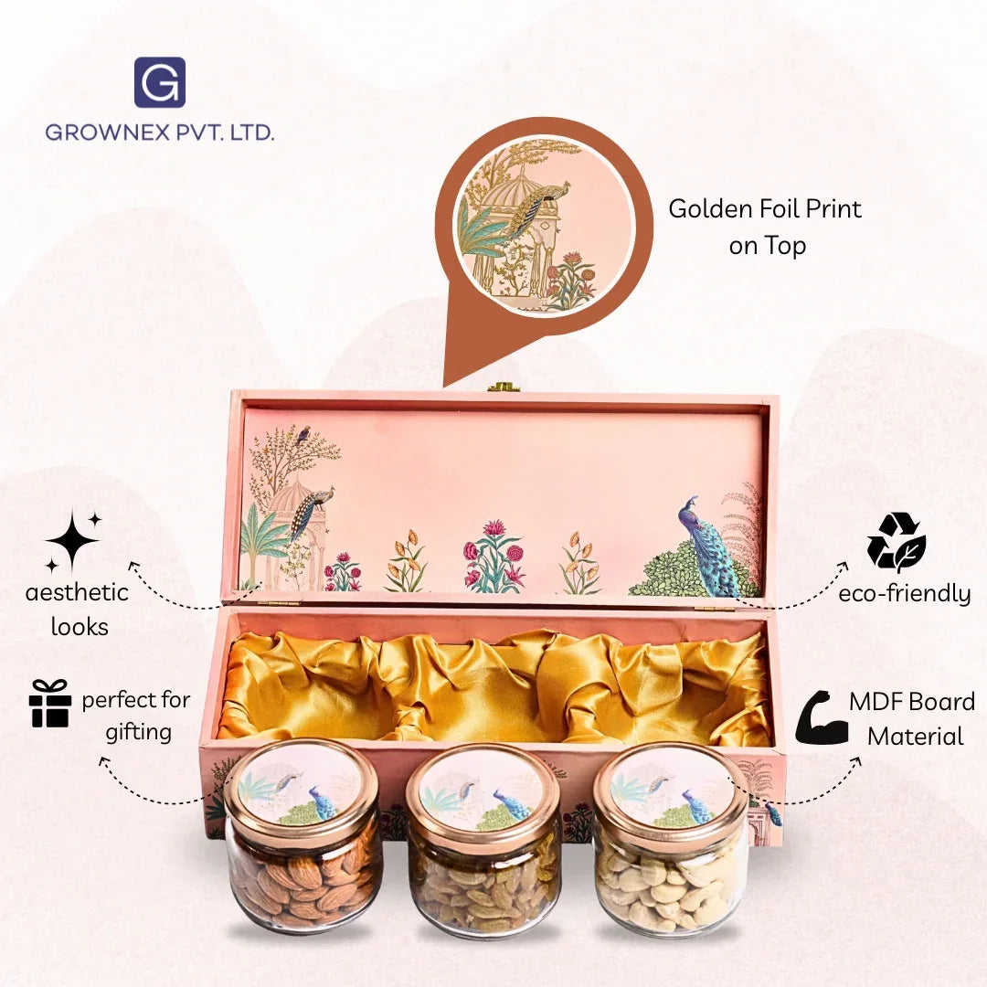 Luxury Shubh Diwali Pink Peacock Wooden Gift Box – 3 Jar Dry Fruit & Sweet Hamper | Grownex Packaging | wooden box