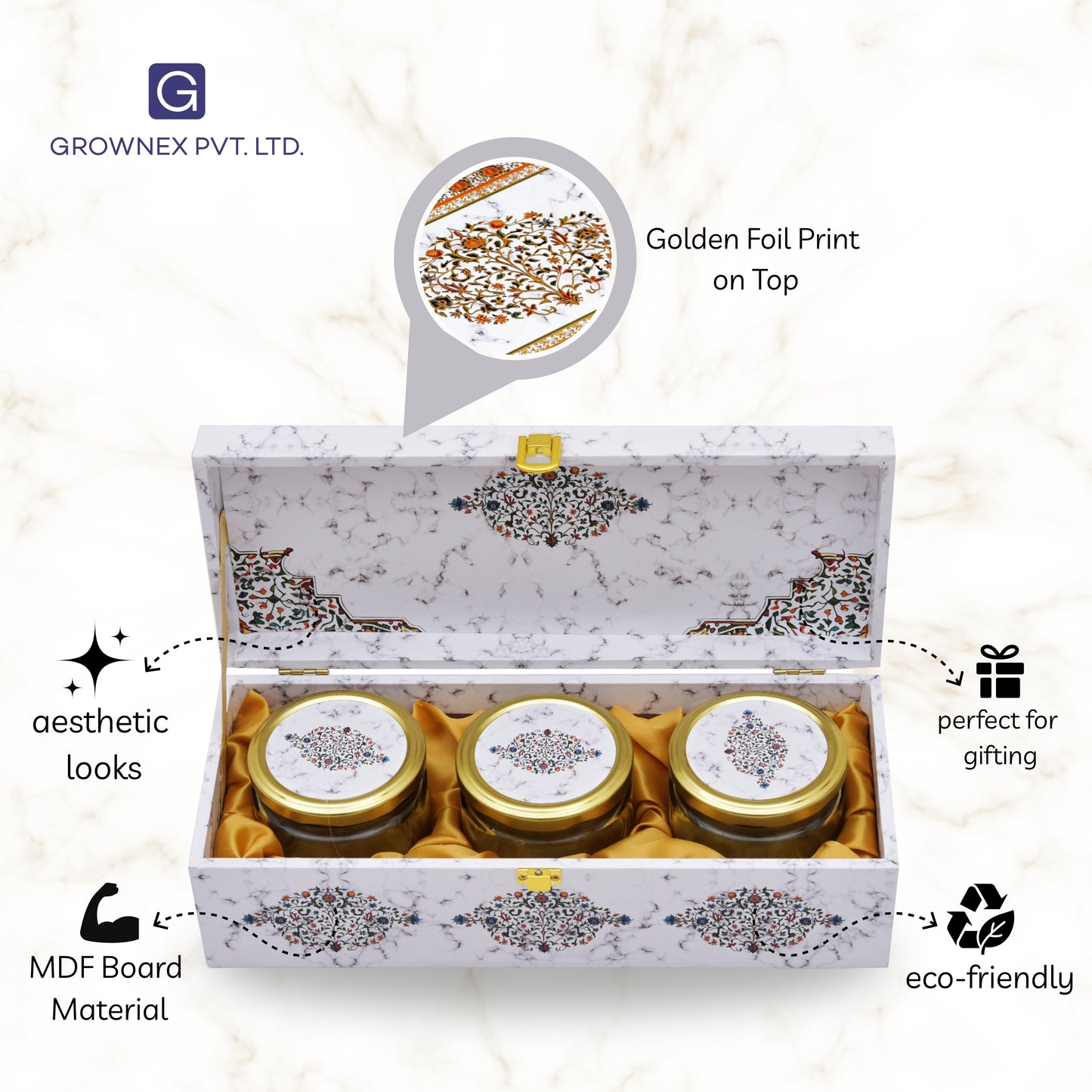 3 Jar White Marble Wooden Box for Dry Fruit and Sweets Packaging | Grownex Packaging | wooden box
