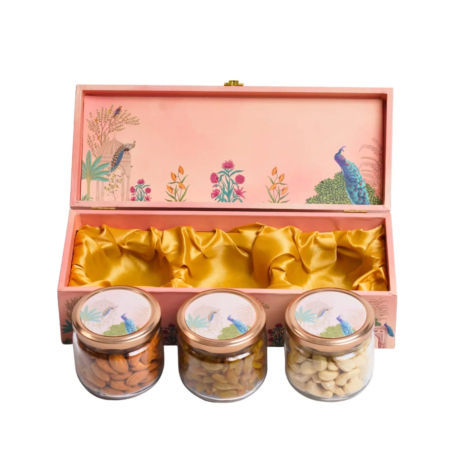 Luxury 3 Glass Jars Diwali Gift Box with Peacock Design | Premium Festive Gift Hamper | Grownex Packaging | wooden box