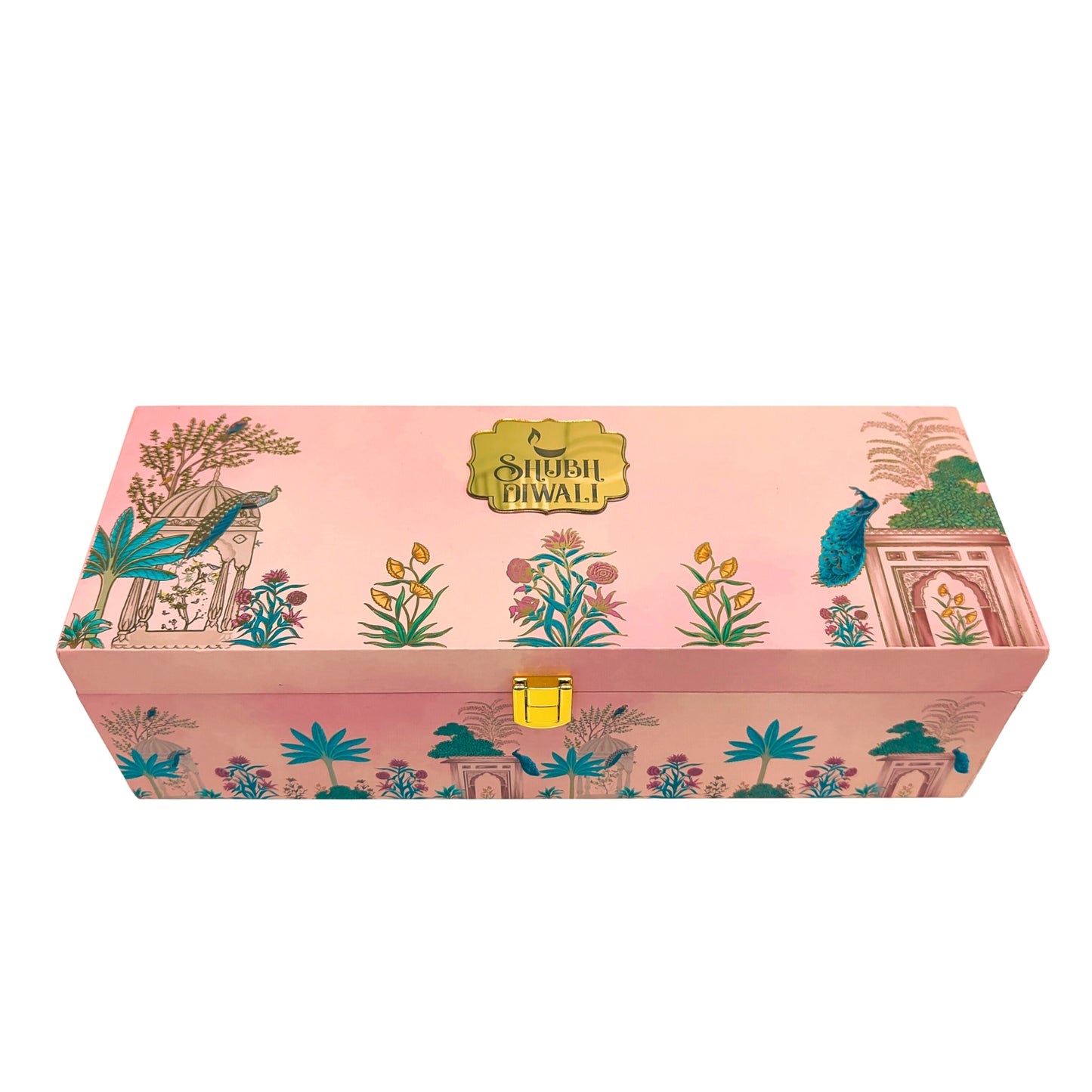 Luxury Shubh Diwali Pink Peacock Wooden Gift Box – 3 Jar Dry Fruit & Sweet Hamper | Grownex Packaging | wooden box