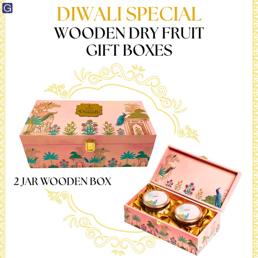 Luxury Pink Peacock Wooden Gift Box – 2 Jar Diwali Dry Fruit & Sweet Hamper | Grownex Packaging | wooden box