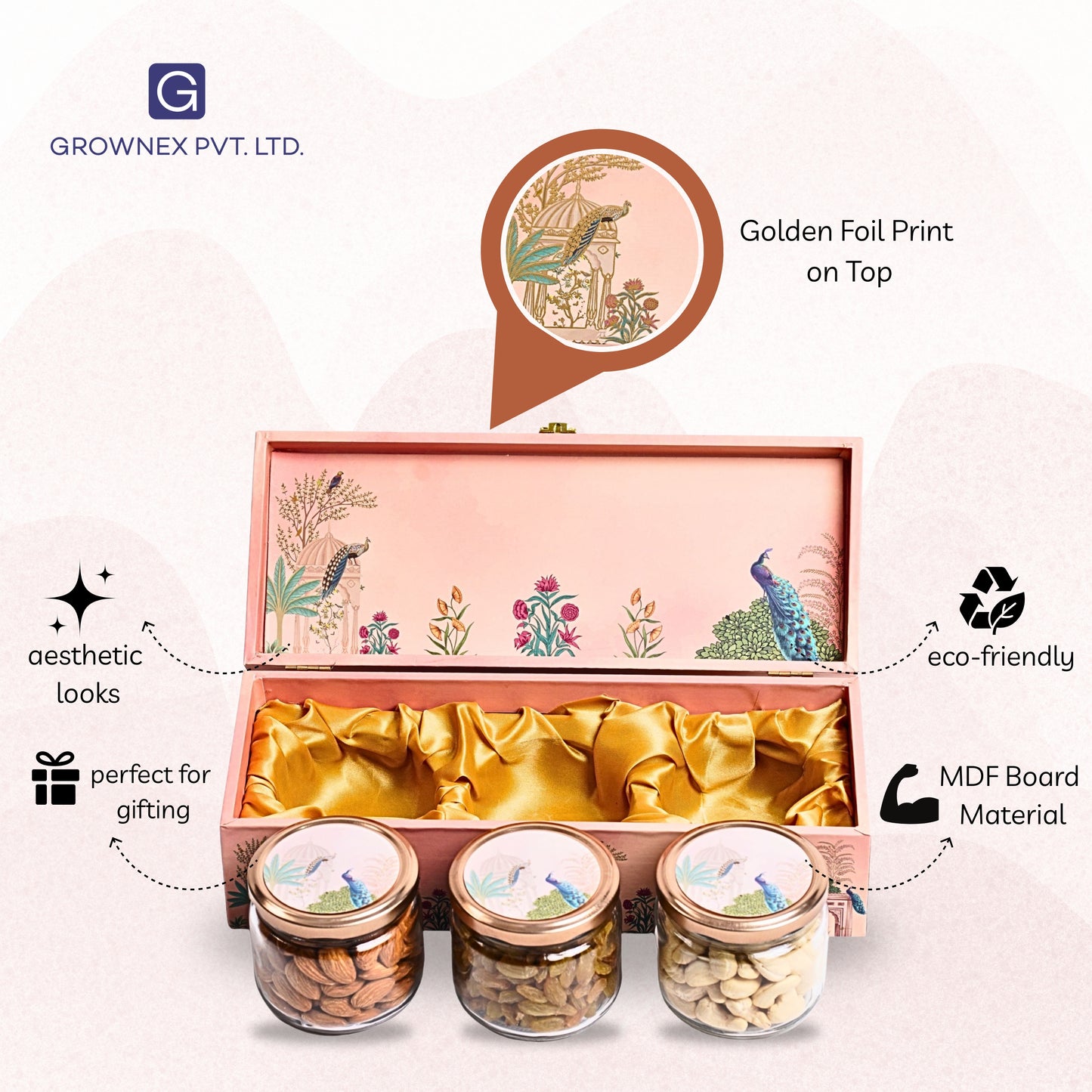 Pink Peacock Print Wooden Gift Box For Dry Fruits and Sweets with 3 Glass Jar | Grownex Packaging | wooden box