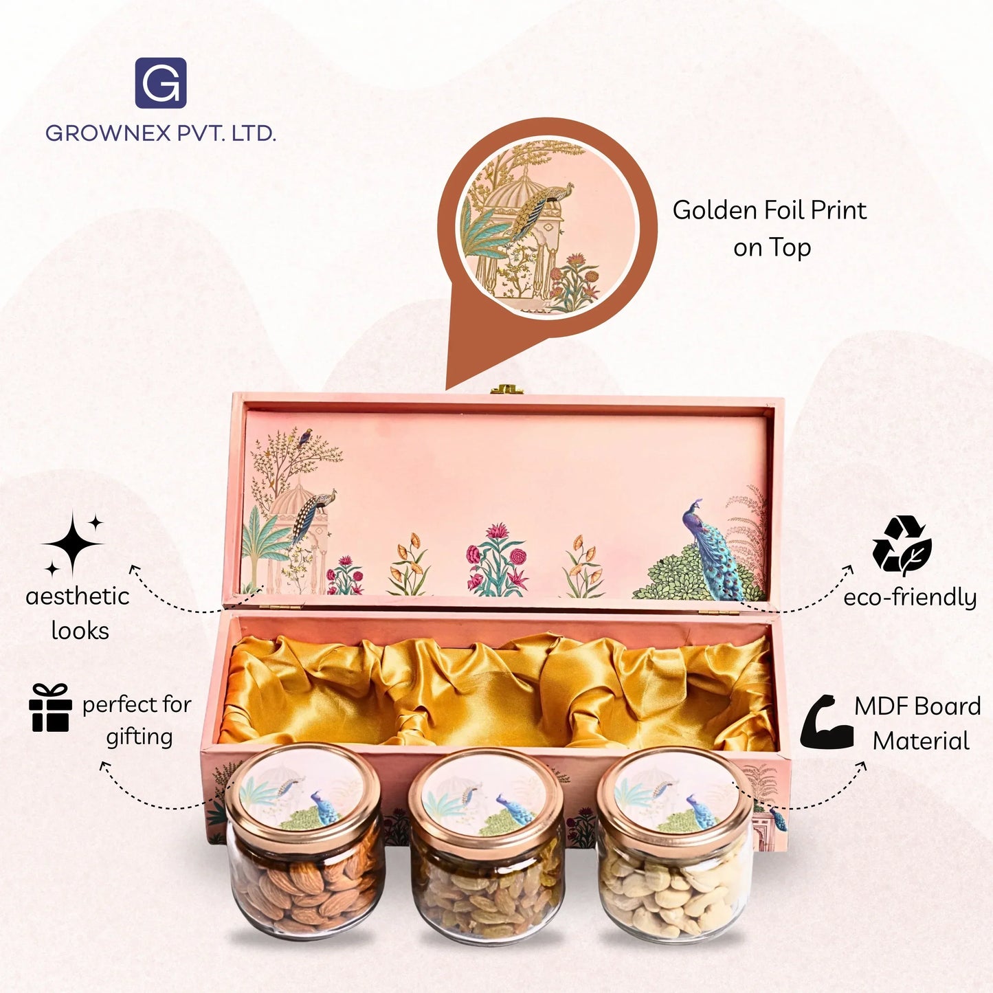 Pink Peacock Print Wooden Gift Box For Dry Fruits and Sweets with 3 Glass Jar | Grownex Packaging | wooden box