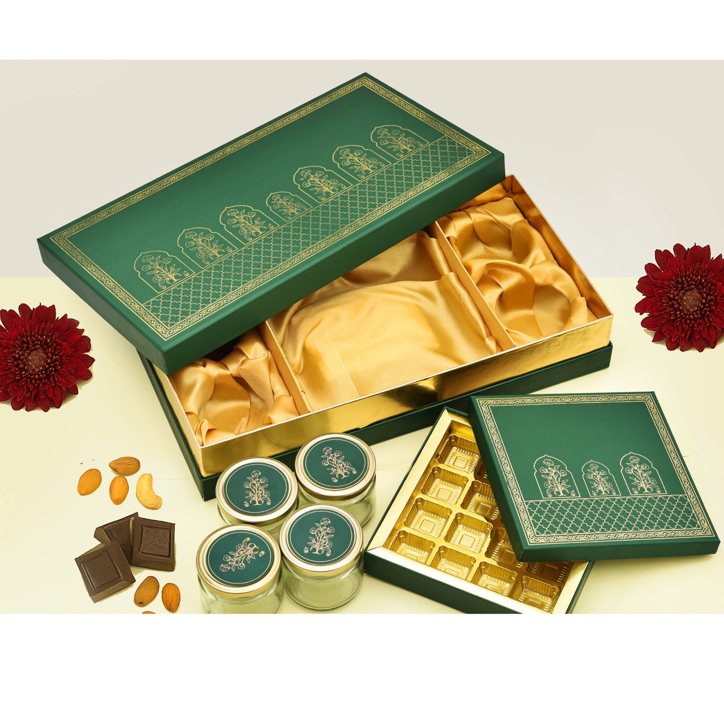 Royal Green & Gold Kappa Board Gift Box with 4 Glass Jars & Chocolate Tray – Luxury Festive Hamper | Grownex Packaging | Hamper Box