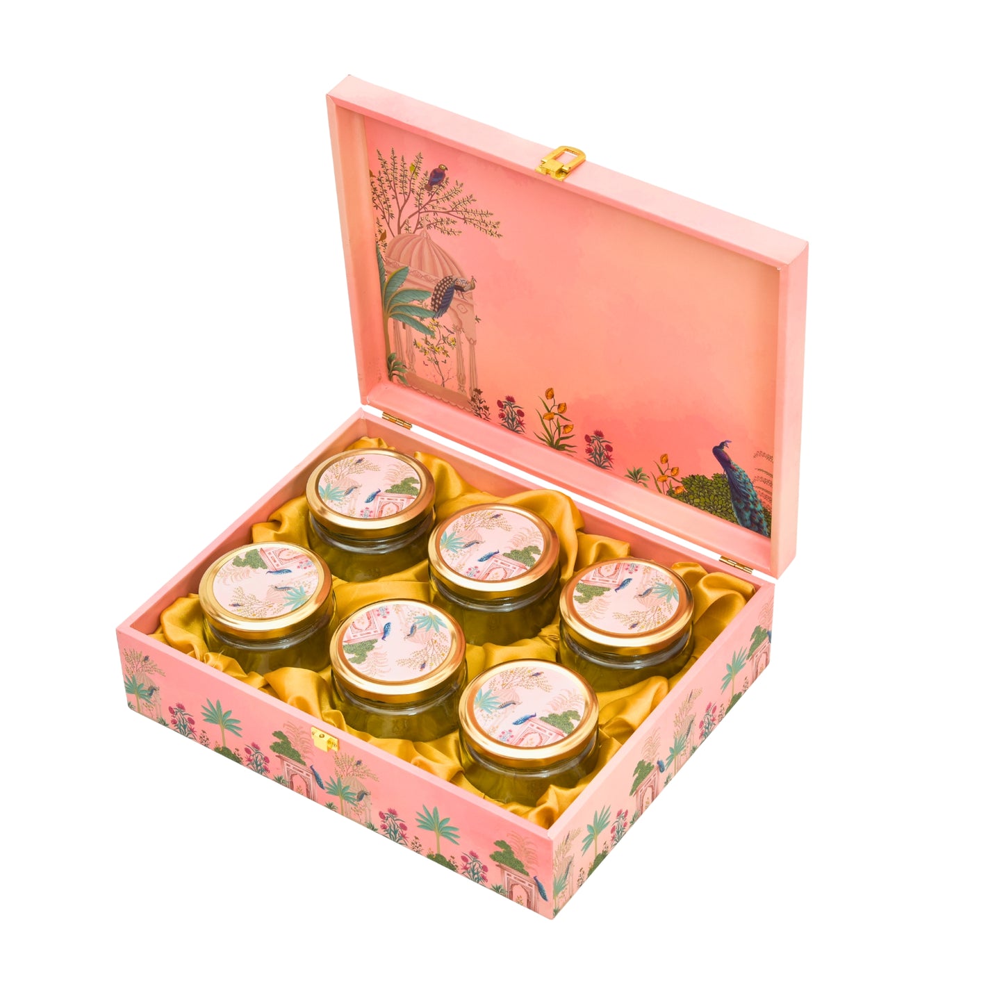 Luxury Diwali Gift Box with 6 Glass Jars – Elegant Reusable Packaging with Peacock Design | Premium Festive Gift Hamper | Grownex Packaging | wooden box