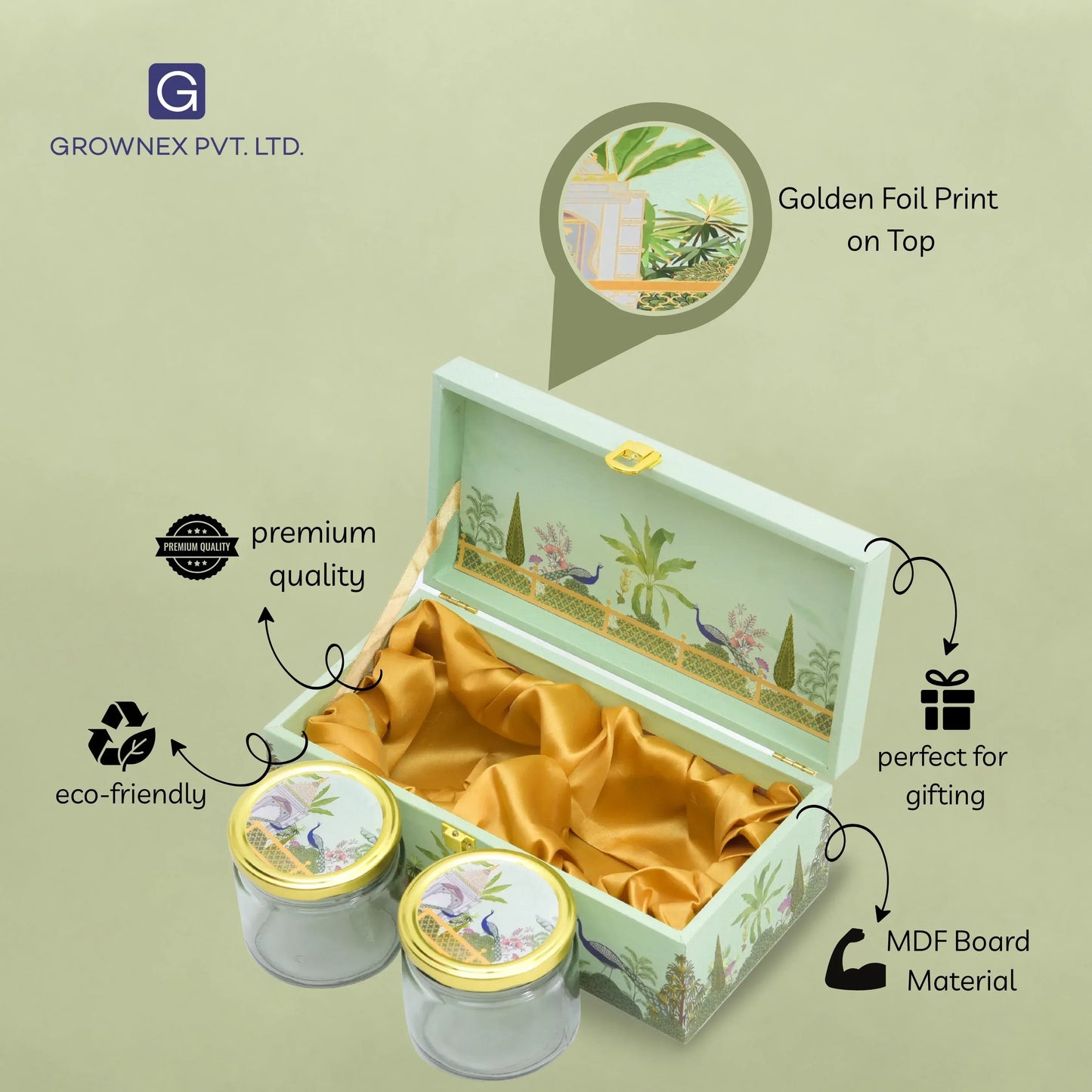 2 Jar Green Garden Theme Wooden Gift Box | Grownex Packaging | wooden box