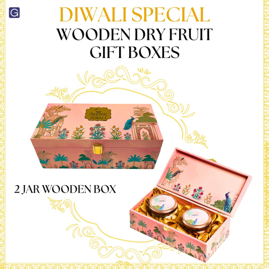 Luxury Shubh Diwali Pink Peacock Wooden Gift Box – 2 Jar Dry Fruit & Sweet Hamper | Grownex Packaging | wooden box
