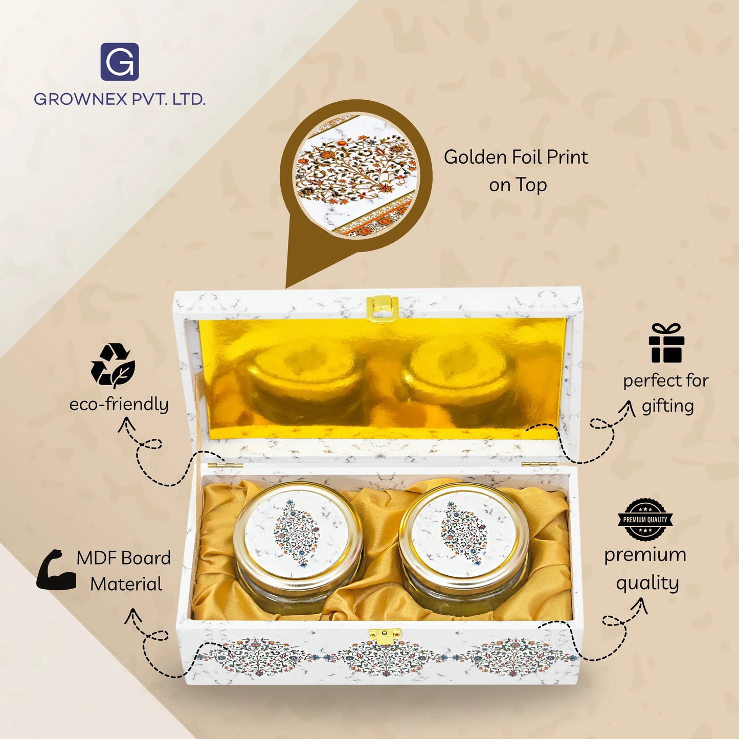 Festival Gift Packaging For Sweets and dry Fruits 2 Jar White Marble Wooden Gift Box | Grownex Packaging | wooden box