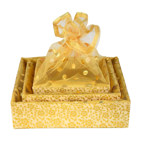 Set of 3 Floral Gold Handcrafted Wooden Basket – Perfect for Corporate Celebrations | Grownex Packaging | Basket & Tray