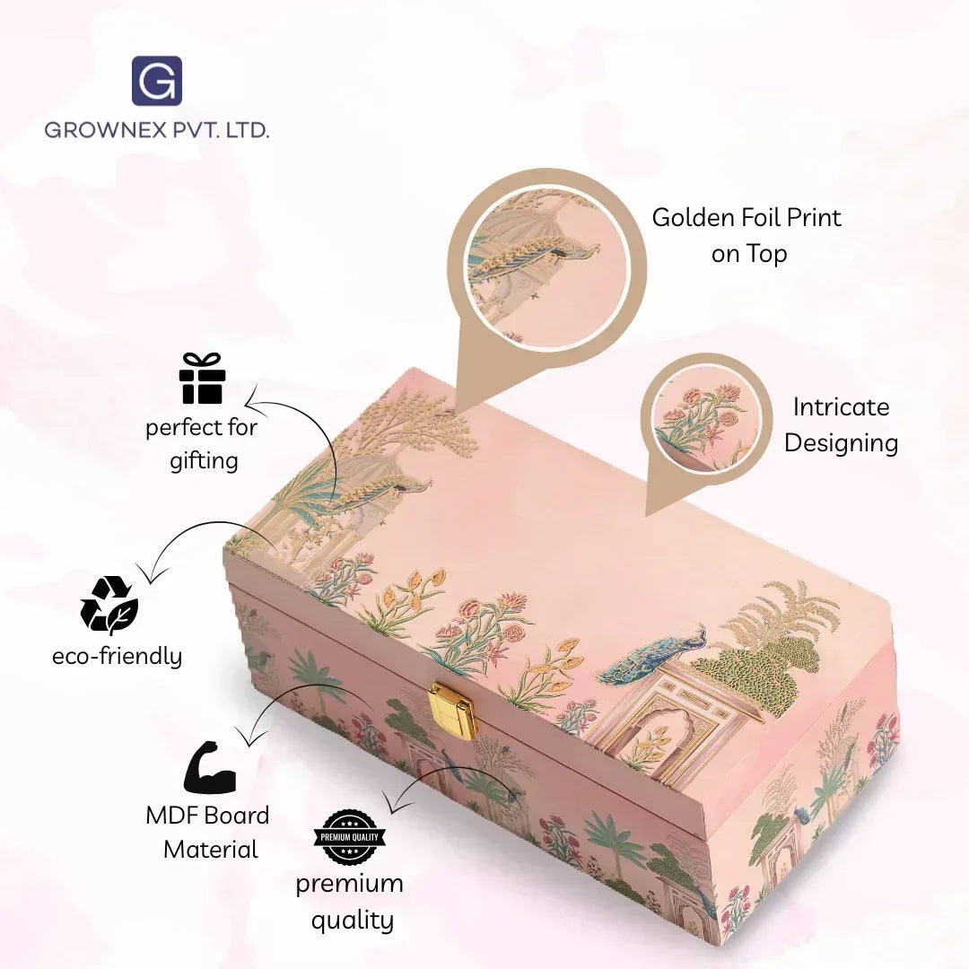 Luxury Pink Peacock Wooden Gift Box – 2 Jar Diwali Dry Fruit & Sweet Hamper | Grownex Packaging | wooden box