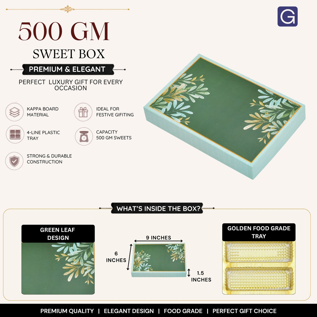 Green Leaf 500Gm Sweet Box - Size & Packaging Detail